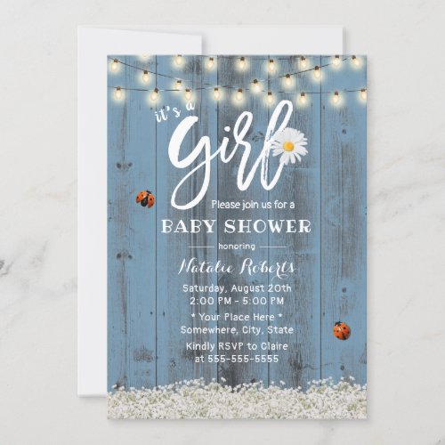 Girl Baby Shower Rustic Flowers Dusty Blue Wood Invitation