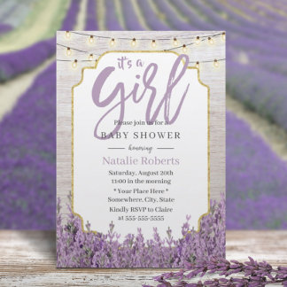 Girl Baby Shower Rustic Lavender String Lights Invitation