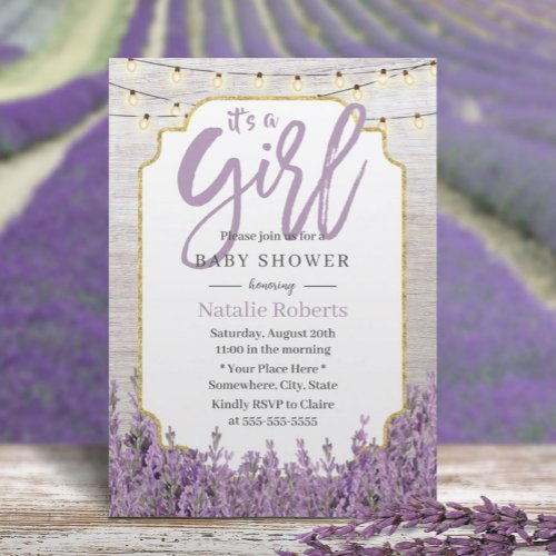 Girl Baby Shower Rustic Lavender String Lights Invitation
