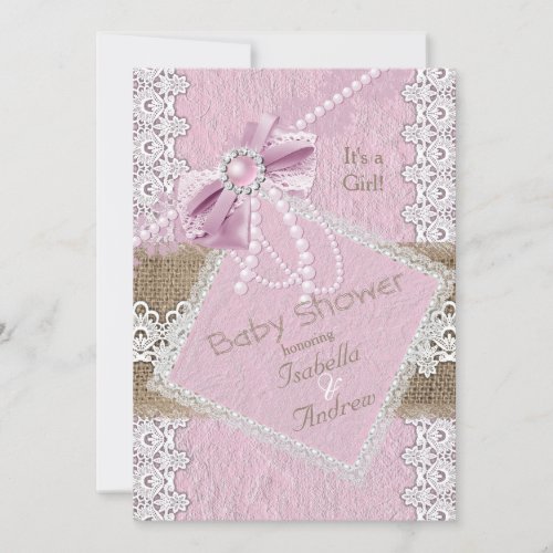 Girl Baby Shower Rustic Pink Bow Lace Burlap 2 Invitation