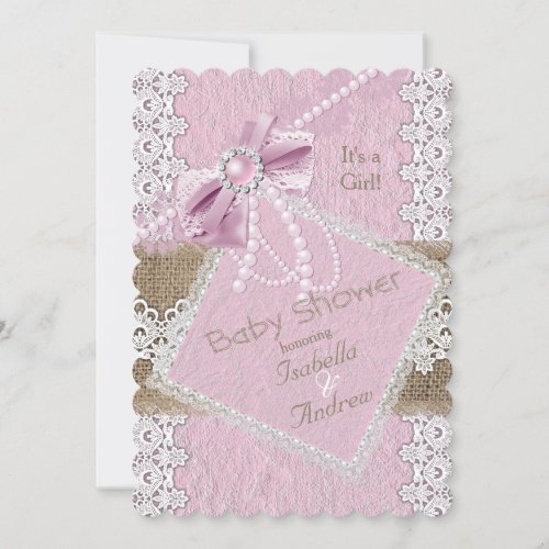 Girl Baby Shower Rustic Pink Bow Lace Burlap 2 Invitation