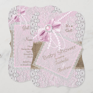 Girl Baby Shower Rustic Pink Bow Pearl Lace 2 Invitation