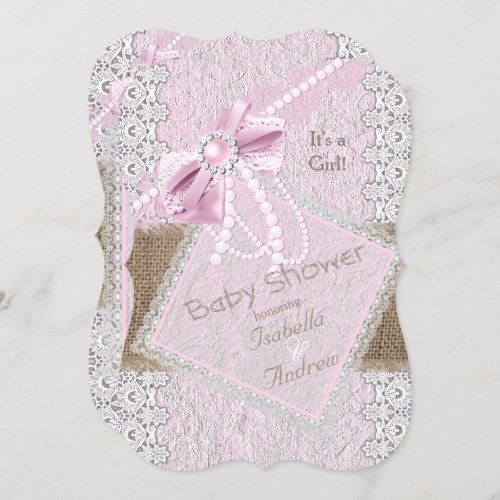 Girl Baby Shower Rustic Pink Bow Pearl Lace 2 Invitation