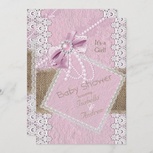 Girl Baby Shower Rustic Pink Bow Pearl Lace Burlap Invitation