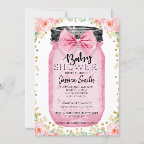 Girl Baby Shower Rustic Pink Gold Mason Jar Invitation