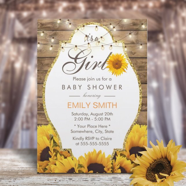 Girl Baby Shower Rustic Sunflowers String Lights Invitation