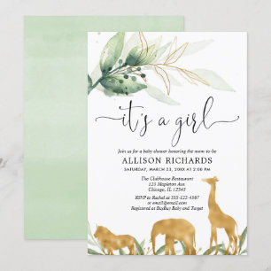Girl baby shower, safari jungle gold animals invitation