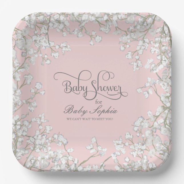 Girl Baby Shower Script Baby's Breath Rustic Paper Plates (Front)