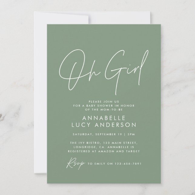 Girl baby shower script modern sage green elegant invitation (Front)