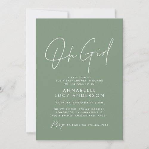 Girl baby shower script modern sage green elegant invitation