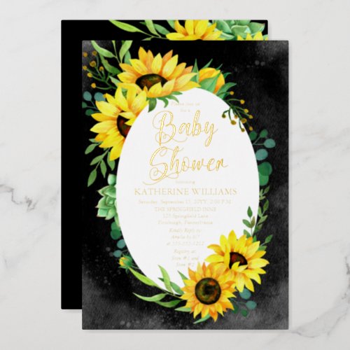 Girl Baby Shower Sunflower Eucalyptus Floral Frame Foil Invitation
