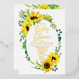Girl Baby Shower Sunflower Eucalyptus Floral Frame Foil Invitation