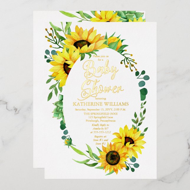 Girl Baby Shower Sunflower Eucalyptus Floral Frame Foil Invitation (Front/Back)