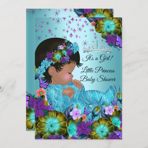 Girl Baby Shower Teal Blue Purple Floral Ethnic Invitation