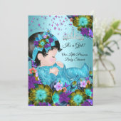 Girl Baby Shower Teal Blue Purple Floral Invitation (Standing Front)