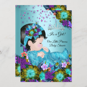 Girl Baby Shower Teal Blue Purple Floral Invitation