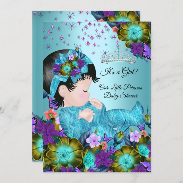 Girl Baby Shower Teal Blue Purple Floral Invitation (Front/Back)