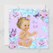 Girl Baby Shower Teal Purple Butterfly Blonde Invitation (Front)