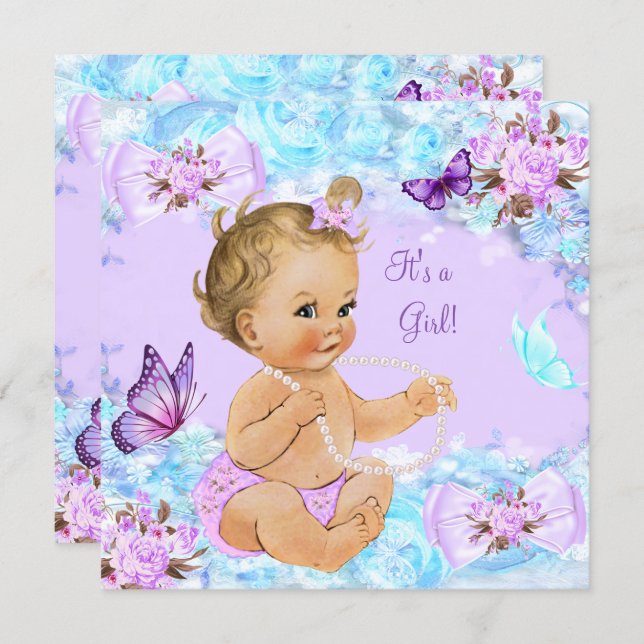 Girl Baby Shower Teal Purple Butterfly Blonde Invitation (Front/Back)