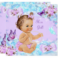 Girl Baby Shower Teal Purple Butterfly Brunette Card