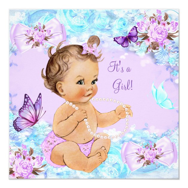 Girl Baby Shower Teal Purple Butterfly Brunette Invitation