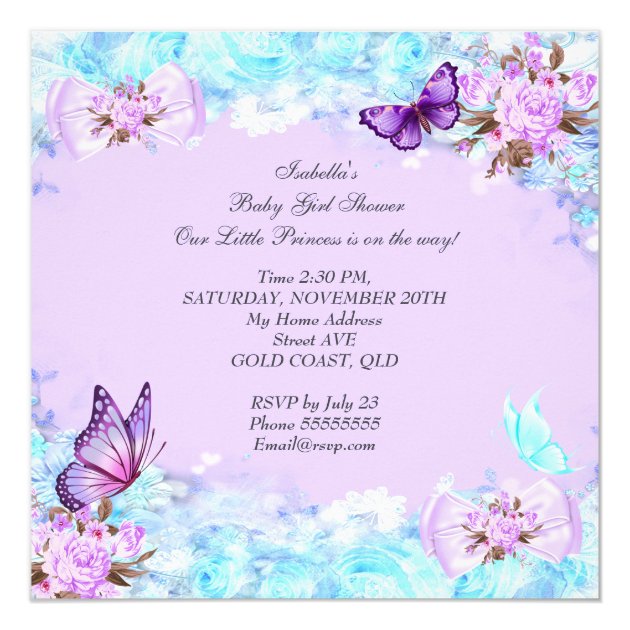 Pink gold purple butterfly girl baby shower invitation