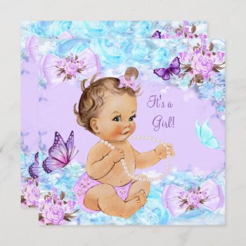 Girl Baby Shower Teal Purple Butterfly Brunette Invitation by VintageBabyShop at Zazzle