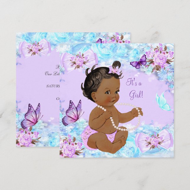Girl Baby Shower Teal Purple Butterfly Ethnic Invitation (Front/Back)