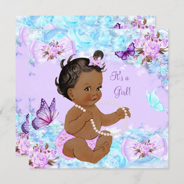 Girl Baby Shower Teal Purple Butterfly Ethnic Invitation (Front/Back)