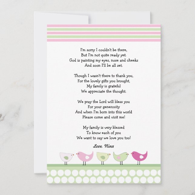 Girl baby shower thank you notes / pink birds (Front)