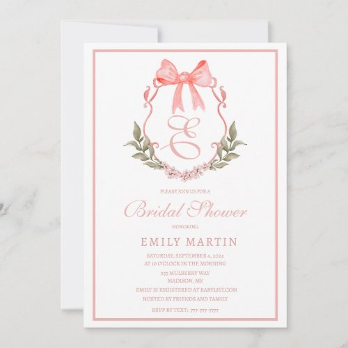 Girl Baby Shower Watecolor Crest with Monogram Invitation