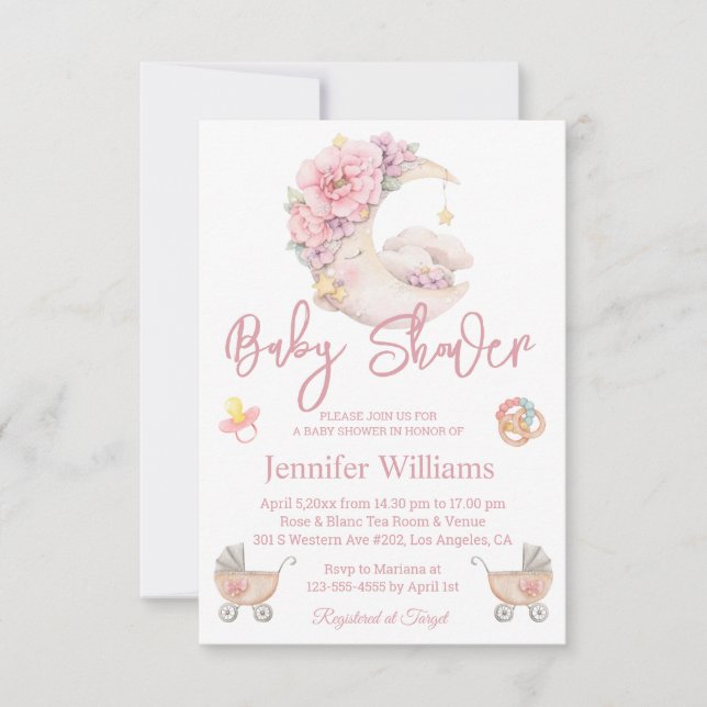 girl baby shower watercolor floral moon pink  invitation (Front)