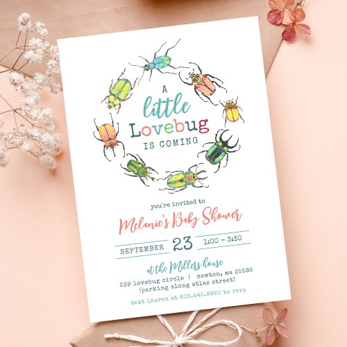 Girl Baby Shower Watercolor Little Lovebug  Invitation