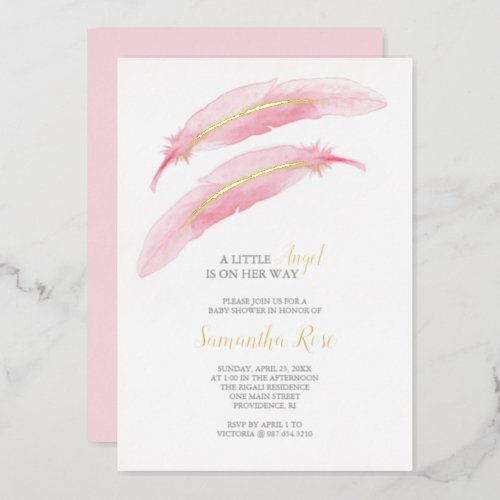 Girl Baby Shower Watercolor Pink Feather Foil Invitation