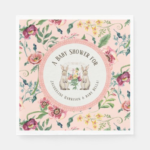 Girl Baby Shower Watercolor Rabbits n Floral Pink Napkins