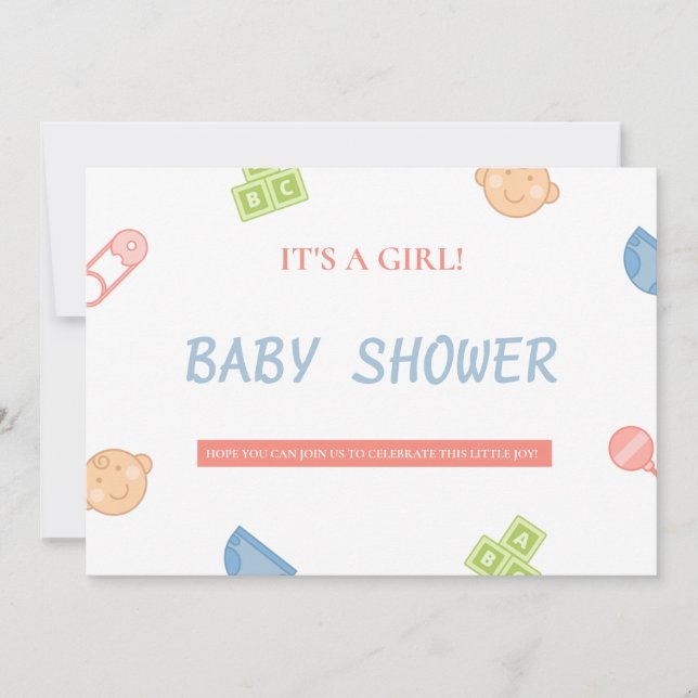 Girl Baby Shower with Rattles, Blocks, Clothes Invitation (Front)