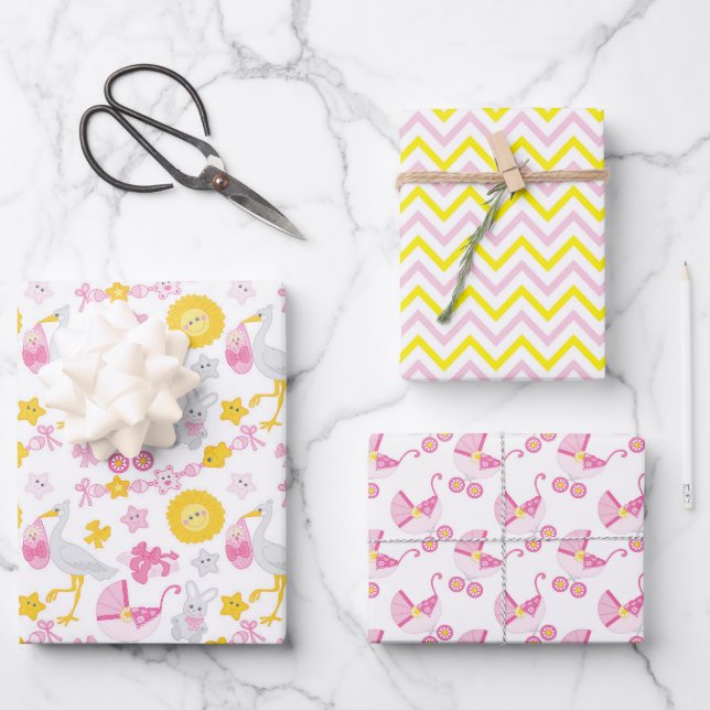 Girl Baby Shower Wrapping Paper Set of 3 (Front)