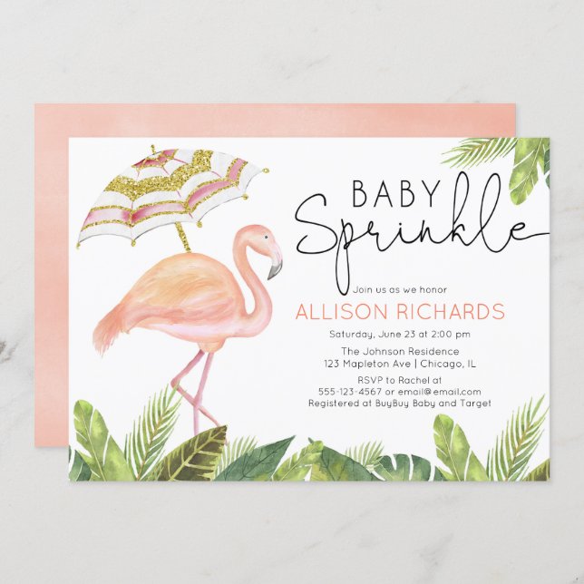 Girl baby sprinkle flamingo pink gold shower invitation (Front/Back)