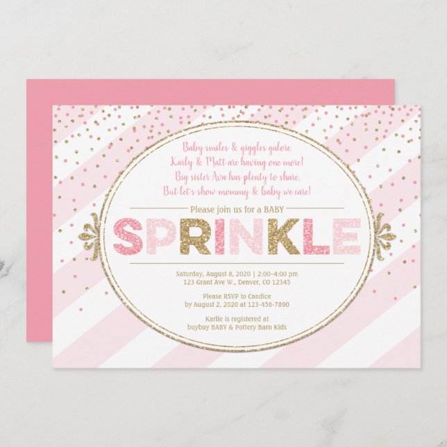 Girl baby sprinkle invitation pink gold invites (Front/Back)