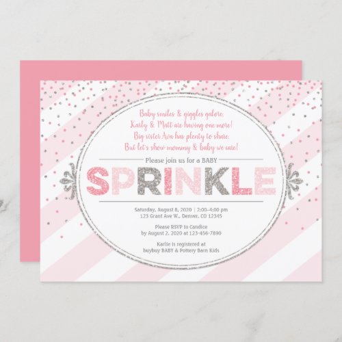 Girl baby sprinkle invitation pink silver invite