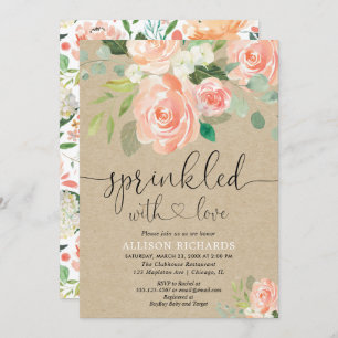 Girl baby sprinkle peach floral rustic kraft invitation