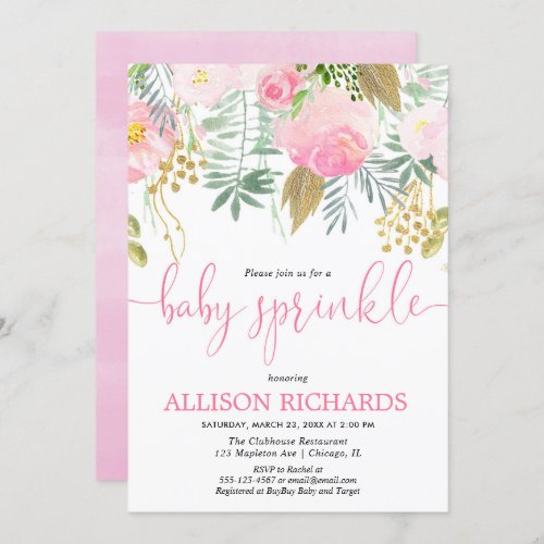 Girl baby sprinkle pink gold greenery floral invitation