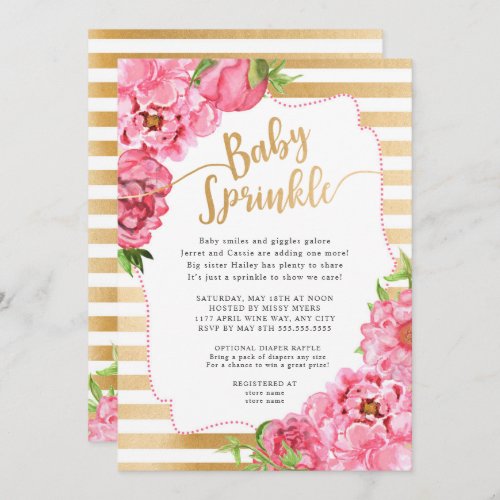 Girl Baby Sprinkle    pink gold peonies Invitation