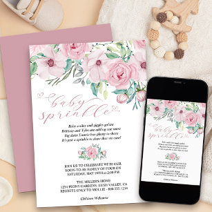 Girl Baby Sprinkle Watercolor Floral Peony Bouquet Invitation