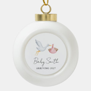 Girl Baby Water Color Stork Announcement Year Ceramic Ball Christmas Ornament