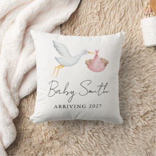 Girl Baby Water Color Stork Announcement Year Throw Pillow