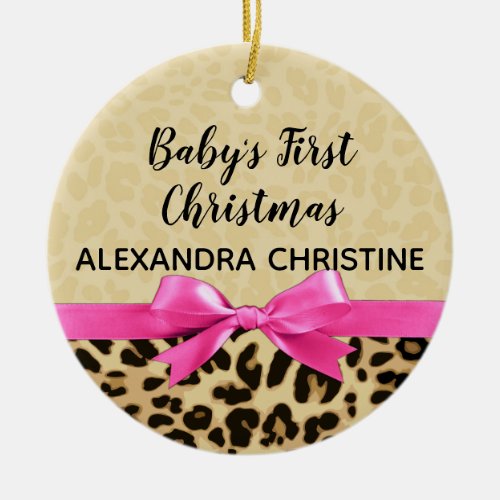 Girl Babys First Christmas Leopard Print Pink Bow Ceramic Ornament