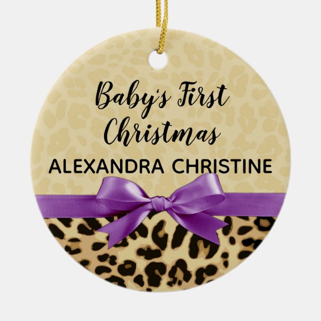 Girl Babys First Christmas Leopard Print Purple Ceramic Ornament (Front)