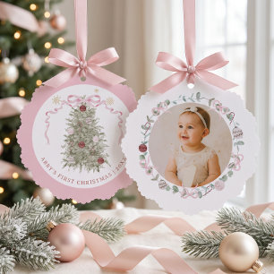 Girl Baby's First Christmas Photo Ornament Card