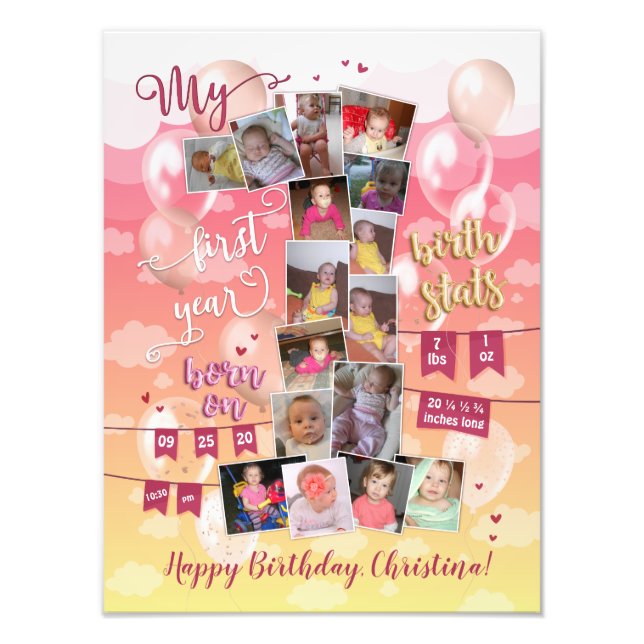 Girl Baby's Keepsake First Year Cute Photo Collage Print (Front)